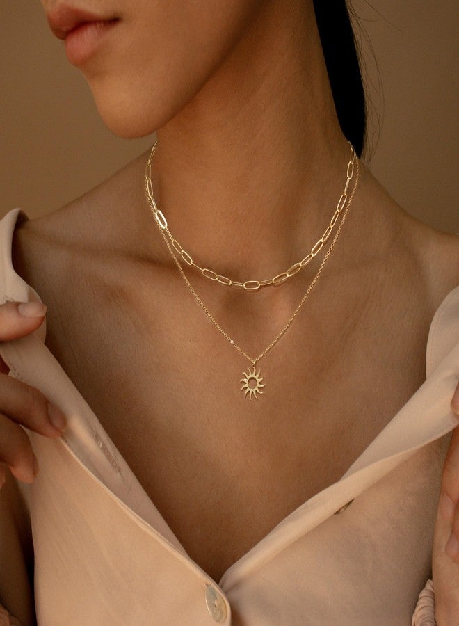MFRYK Gold Necklaces Stack, 14K Gold Plated Simple Layered Choker Necklaces, Gold Stackable Multilayer Sun Pendant Cable Chain Paperclip Chain Layering Necklaces Set - Image 3